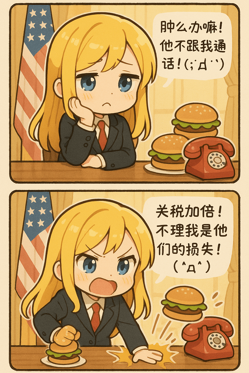 日系双格漫画：少女总统因电话未接通而生气加关税