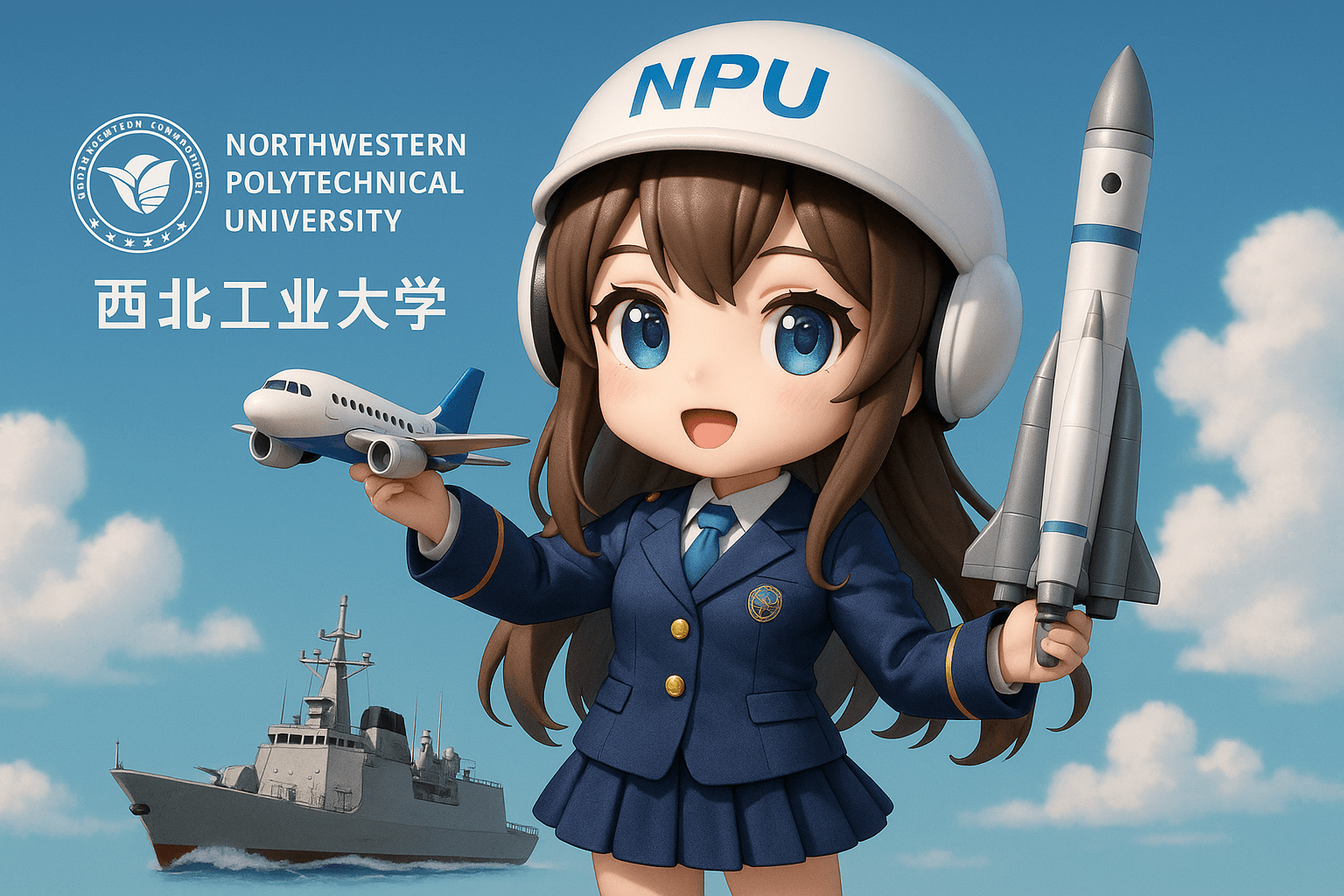 西北工业大学拟人化3D Q版美少女，体现航空航天航海特色