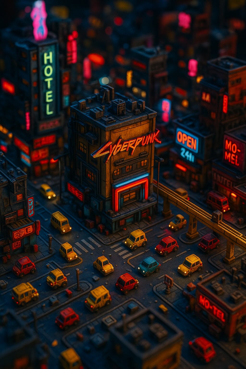 從上方俯瞰的超高細節迷你 Cyberpunk 景觀，採用傾斜移軸鏡頭效果