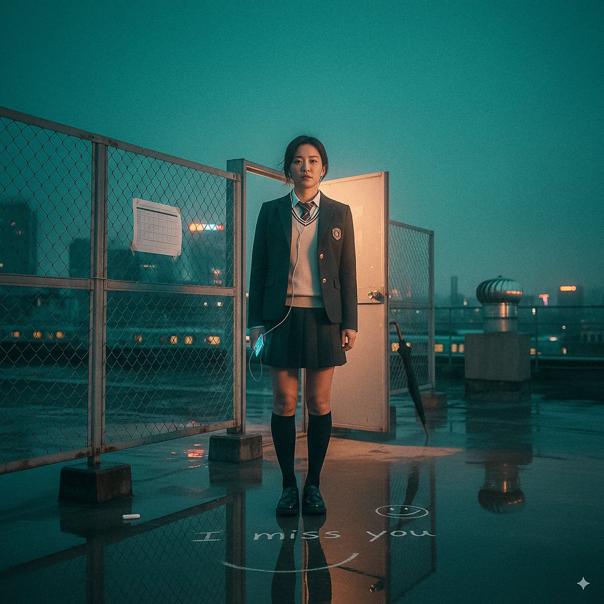 Blue-hour rooftop scene