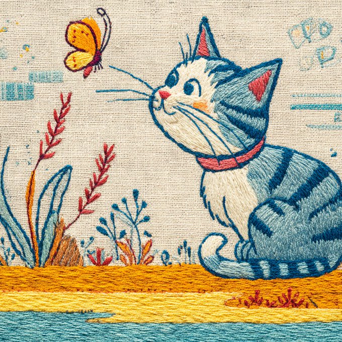 Embroidered cat illustration